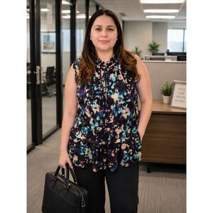Boutique+ Womens 2X Abstract Print Ruffle Hem Tie Neck Sleeveless Blouse
